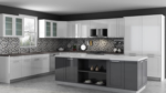 Modern kitchen featuring GoldenHome's Luxury Series Lacquer Shaker Grey Cabinets by CabinetEZ, Clinton, MD.