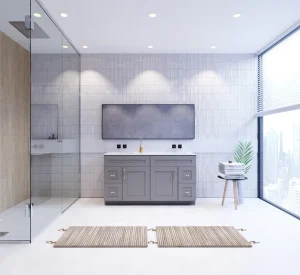 Retail gray bathroom vanity, proudly displayed at Cabinet EZ showroom in Waldorf.