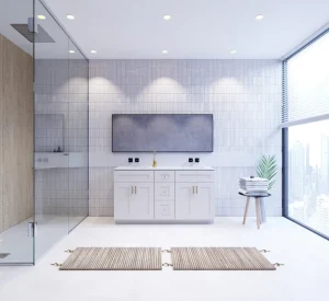 Retail bathroom vanity in white, showcasing at Cabinet EZ showroom in Waldorf.