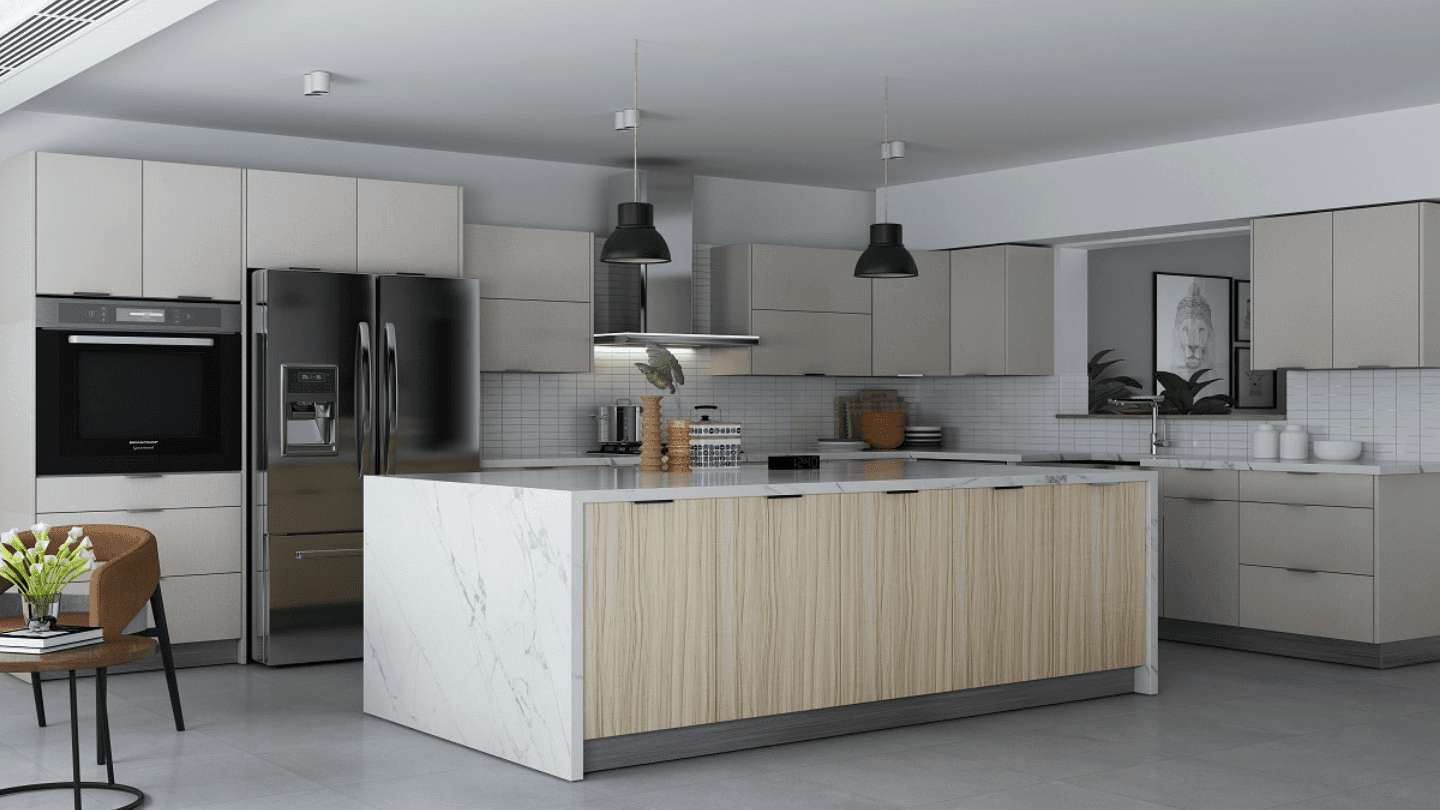Modern kitchen fitted with GoldenHome's Classic Series Fabric Grey Cabinets by CabinetEZ, Clinton, MD