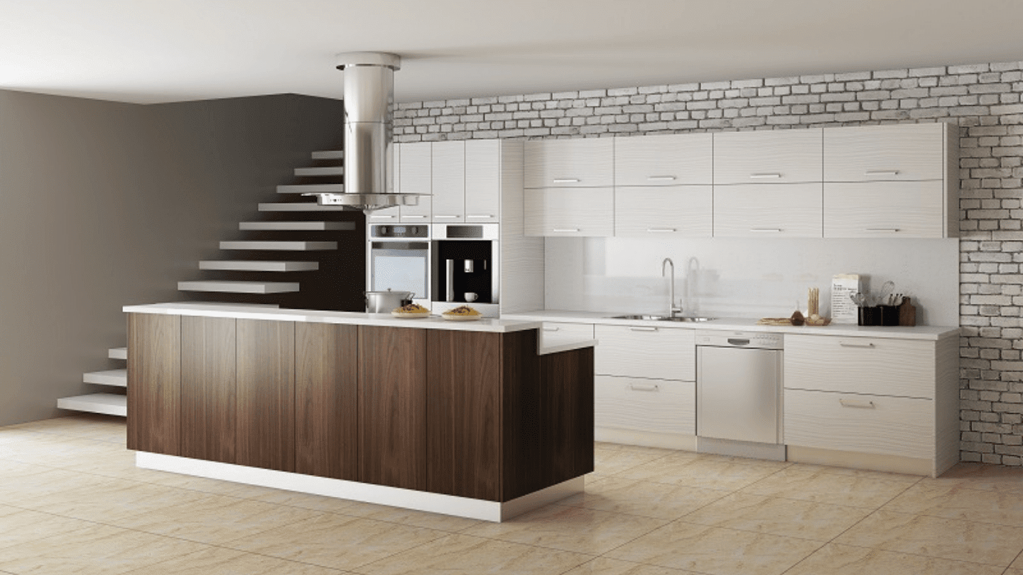 Kitchen space transformed with GoldenHome's Textured Wood Finish Pale Pine Cabinets by CabinetEZ, Clinton, MD.