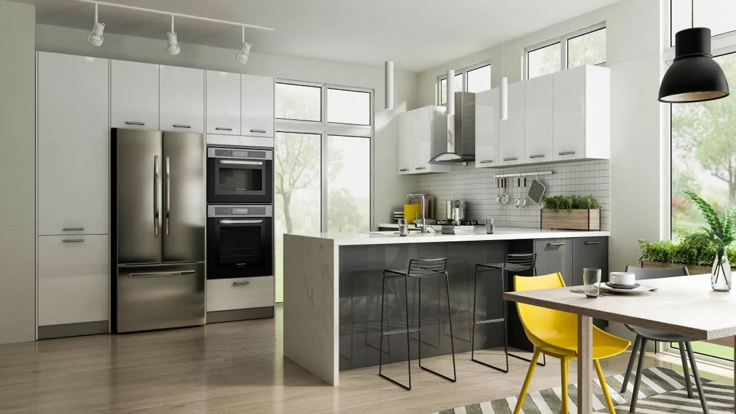 Stunning kitchen featuring GoldenHome's Delight Series Glossy White and Glossy Gray Cabinets from CabinetEZ in Clinton, MD.