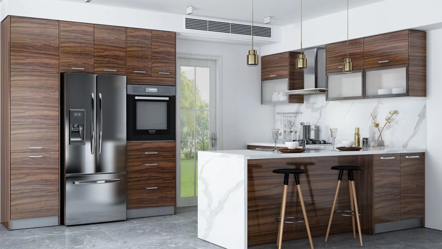 Showcasing GoldenHome's Delight Series UV Ebony and UV Teak Kitchen Cabinets at CabinetEZ, Clinton, MD.